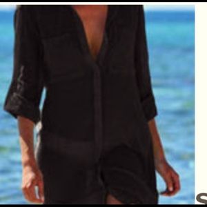 Black button up sheer swimsuit coverup
